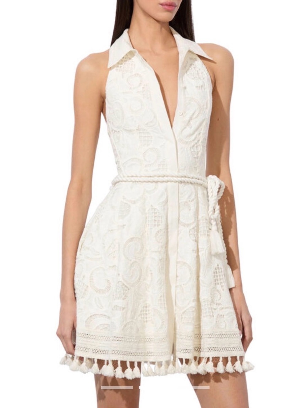 Alice + Olivia Cream Lace Halter Mini Dress with Tassel Belt